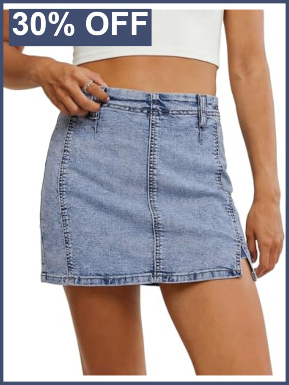 High Waisted Side Slit Mini Denim Skort with Built-In Shorts Stretchy